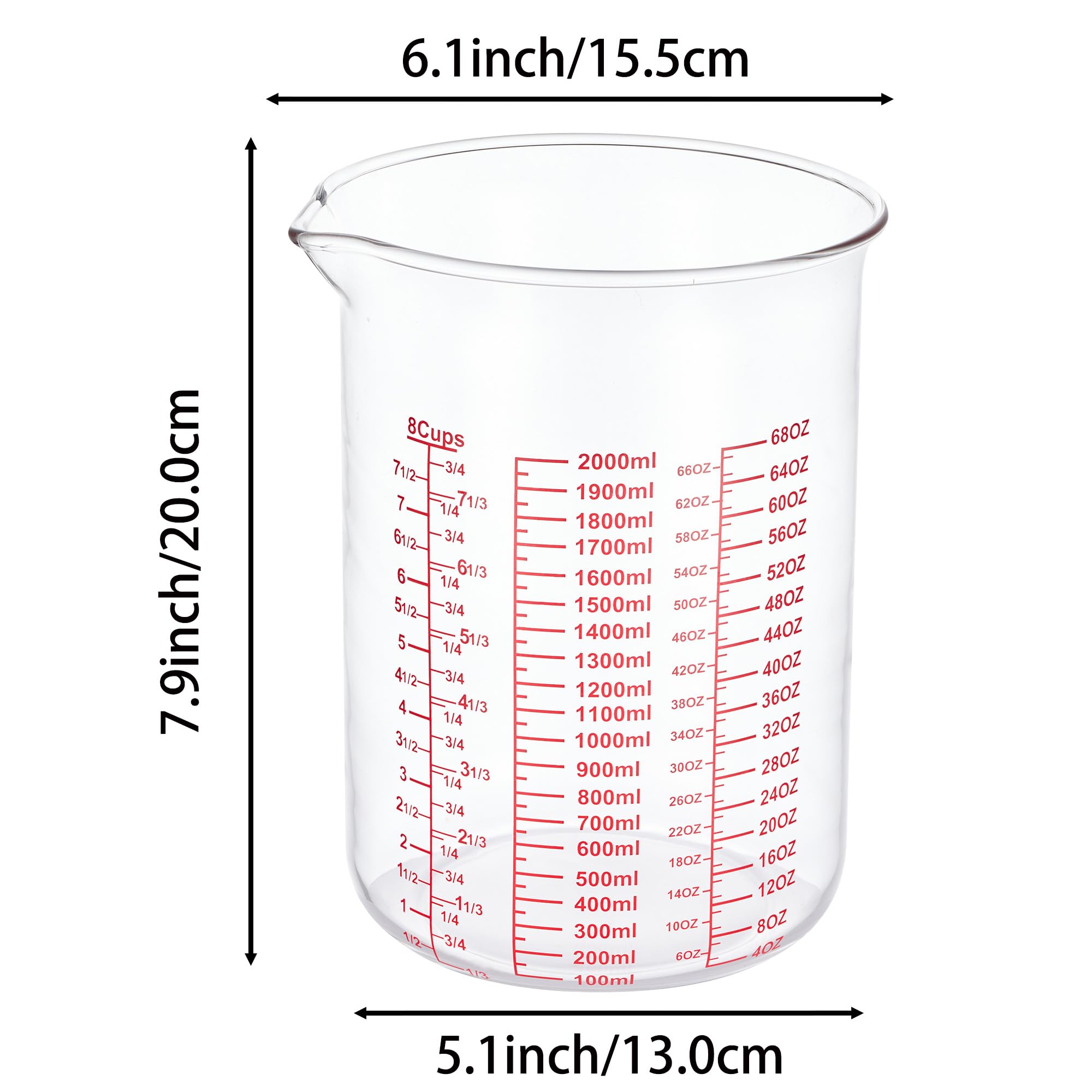 High Borosilicate Glass Measuring Cup-V-Shaped Spout，Glass Measuring Beaker for Kitchen or Restaurant, Easy to Read, 2000 ML (64 Oz, 8Cup)