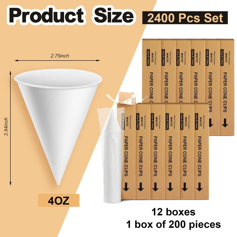 Roshtia 2400 Pcs Paper Cone Cups Thicken Disposable Cone Cups for Shaved Ice, Slushies Water Cooler Dispenser, White (4 oz)