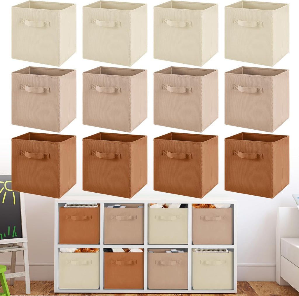 Yinder 12 Pcs Cube Storage Bins - Foldable Brown Fabric Baskets for Kids' Playroom & Nursery Decor