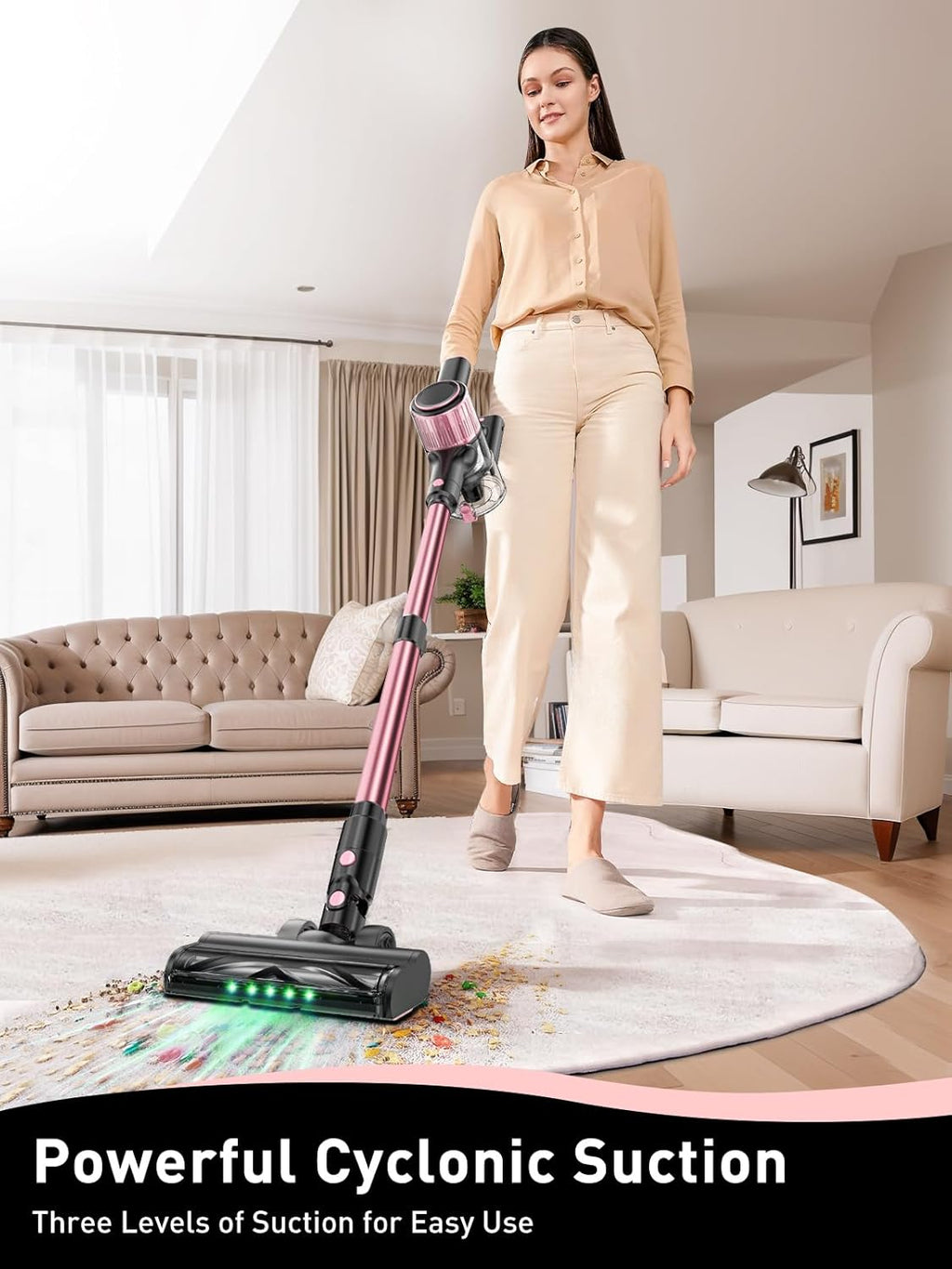 VICEASE Cordless Vacuum Cleaner - 8-in-1 Powerful Suction with LED Display & 45 Min Battery Life | Pink