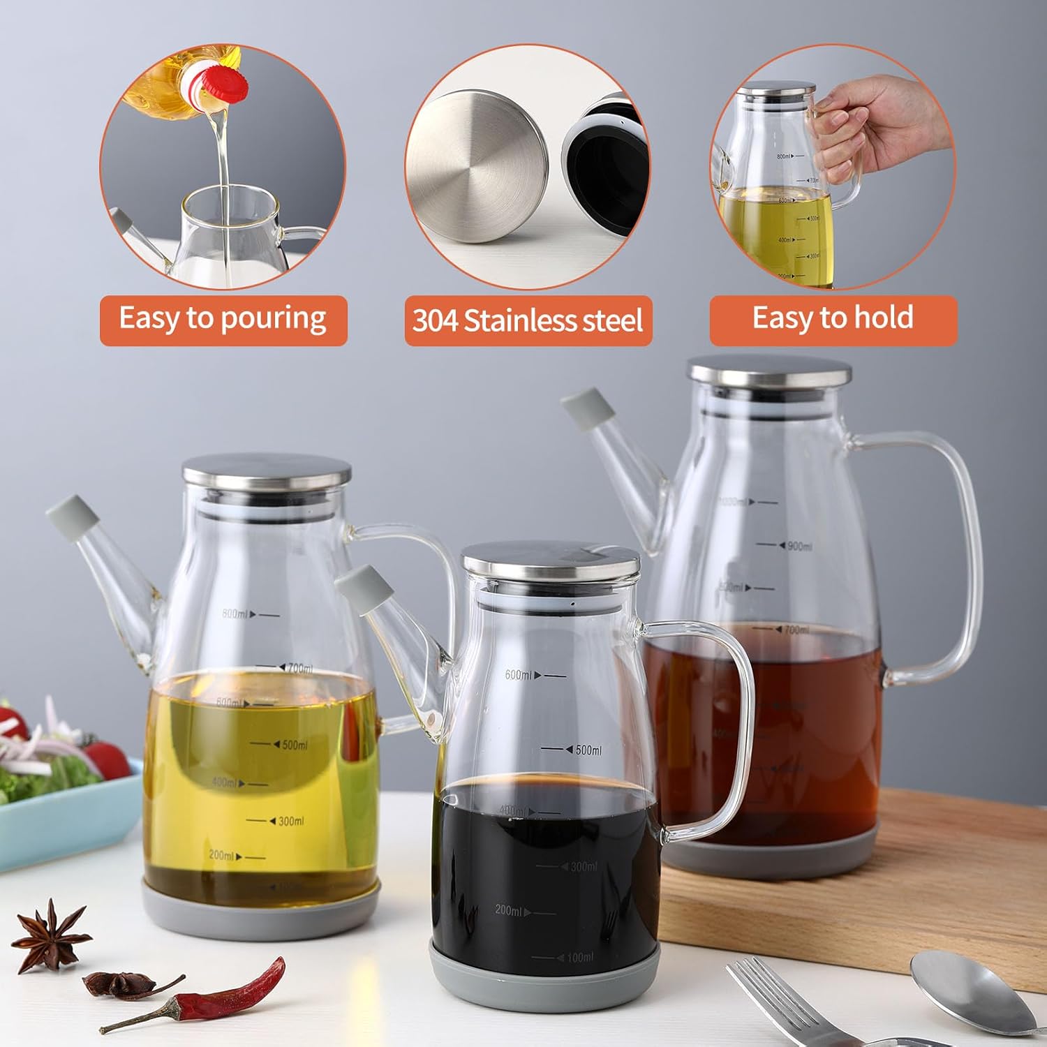 Skiennix Large Glass Oil Dispenser Bottle - No Drip Olive Oil & Vinegar Cruet | 20oz / 600ml Clear