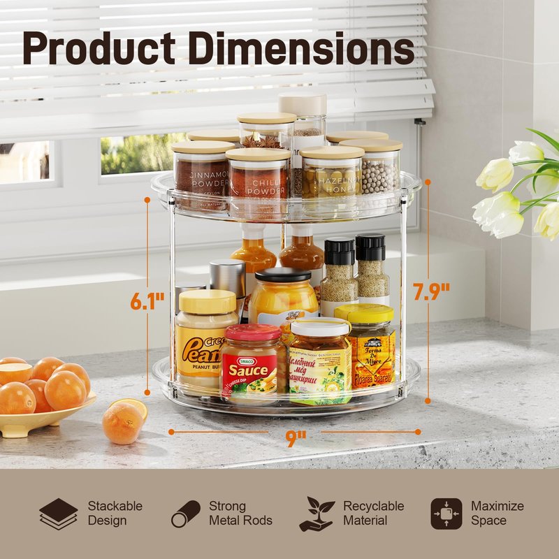 LazySpin 2 Pack 2 Tier Lazy Susan Organizer, 9.25'' Lazy Susan Turntable for Cabinet, Stackable Turntable Organizer Rotating Spice Rack Organization for Kitchen Countertop, Pantry, Bathroom, Clear