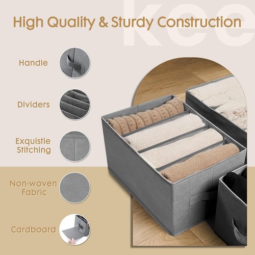 Criusia Large Clothes Organizer - 6 Pack Foldable Fabric Storage with Handles for Wardrobe | Grey