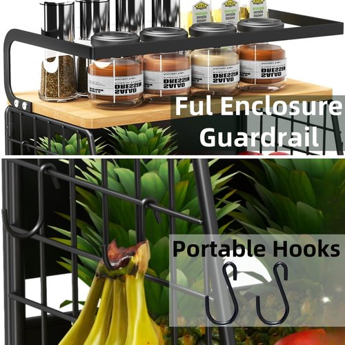 DecruKaltiz Magnetic Shelf for Fridge with Bamboo Lid,Fruit Vegetable Potato and Onion Wire Basket, Refrigerator Magnetic Spice Rack for Countertops, Cabinets, Laundry Rooms and RVs (Black, 2 Pack)