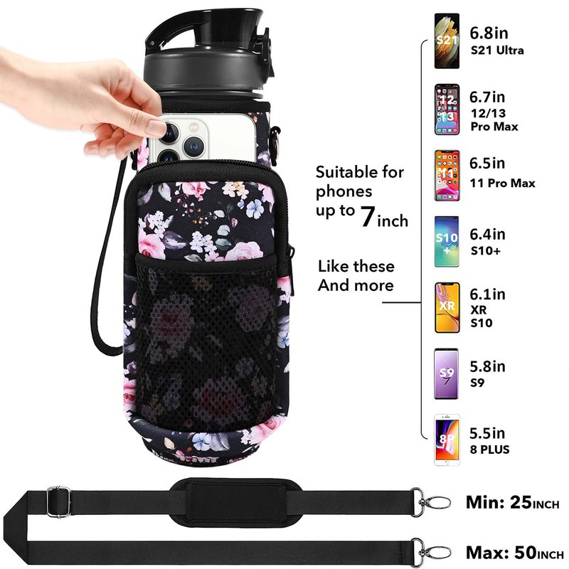 Newfad 32 oz Water Bottle with Straw and Sleeve, Motivational Water Bottle with Time Marker and Adjustable Shoulder Strap, BPA Free Leakproof Sport Water Jug for Hiking, Gym