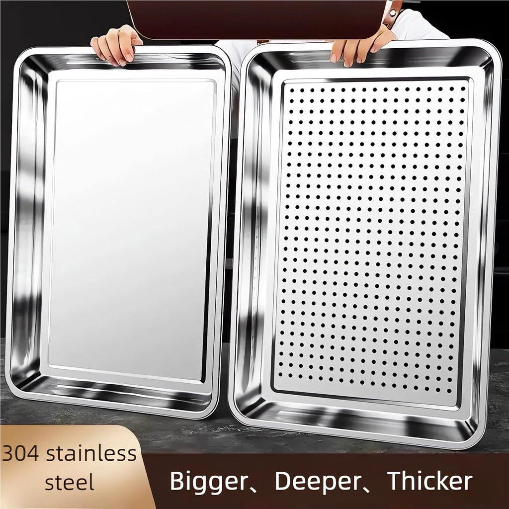 Skiennix Extra Large Baking Pan Set - 304 Stainless Steel, Non-Toxic, 2-Pack (1 Solid & 1 Perforated)