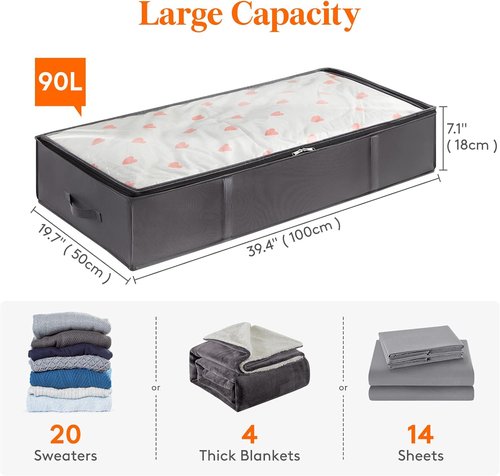 Lifewit Under Bed Storage Containers - 95L Large Capacity Blanket Bags with Reinforced Handles | Grey