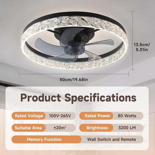 FAYOTAT 20 Inch Ceiling Fan with Light, Low Profile Fandelier with Remote & APP Control, Stepless Color Temperature 6 Speeds Reversible Motor for Bedroom Living Room Kids Room