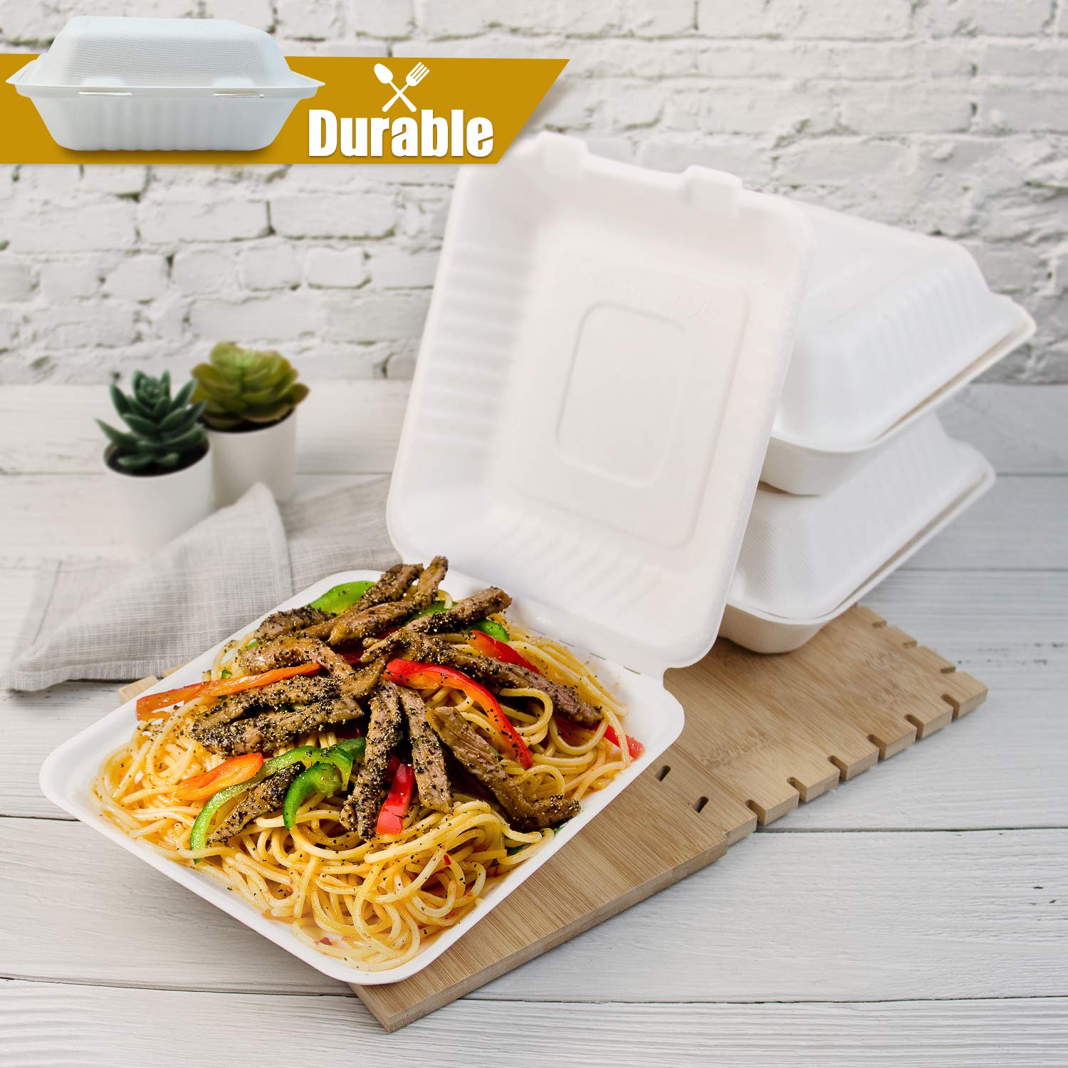 Green Earth 8-Inch, 200-Count, 1-Compartment, Compostable Clamshell, Natural Bagasse (Sugarcane Fiber), Take-Out/to-Go Boxes - Microwave-Safe