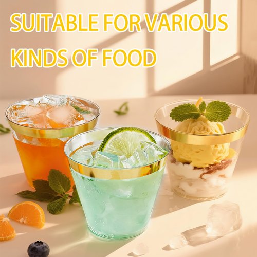 Ciaell 200PCS Gold Plastic Cups - 9Oz Heavy Duty Disposable Clear Plastic Cups with Gold Rim for Wine, Cocktail, Party & Wedding