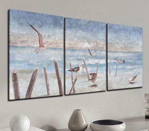 Kdyudo 3 pcs Beach and Seagull Canvas Framed Wall Art, Blue Sand and Seagull Printed Poster Seascape and Beach Scenery Theme Suitable for Living Room Bedroom and Office Wall Decor 16x24 inch