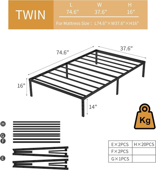 JetO Metal Bed Frame - Twin Size with Storage Space | Heavy Duty Sturdy Mattress Foundation, Black, 16 Inch