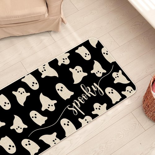 JarThenaAMCS Halloween Ghost Kitchen Mat Set of 2 Black Spooky Ghost Boo Kitchen Floor Mats Cute Non-Slip Door Rugs for Halloween Party Home Bathroom Entrance