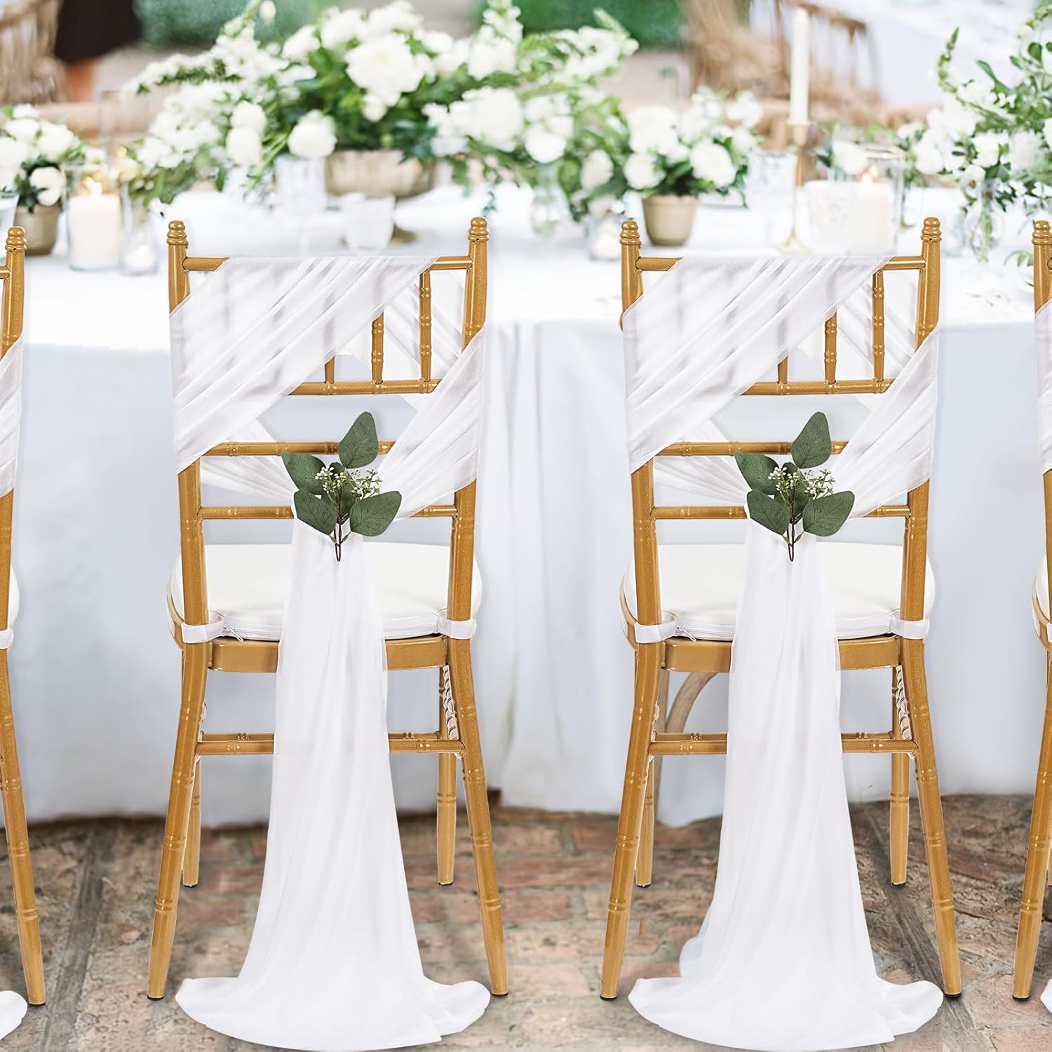 QueenDream Chair Sashes - 24 Pack White Sheer Draping Fabric for Wedding Aisle & Party Decor