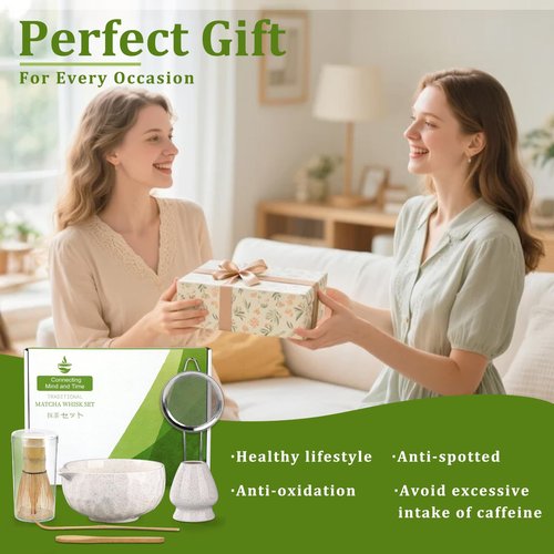 Boosolo Matcha Whisk Set, 6 Pcs - White, Bamboo, Traditional Japanese Matcha Kit with Bowl, Whisk, Holder, Scoop, Spoon, Sifter