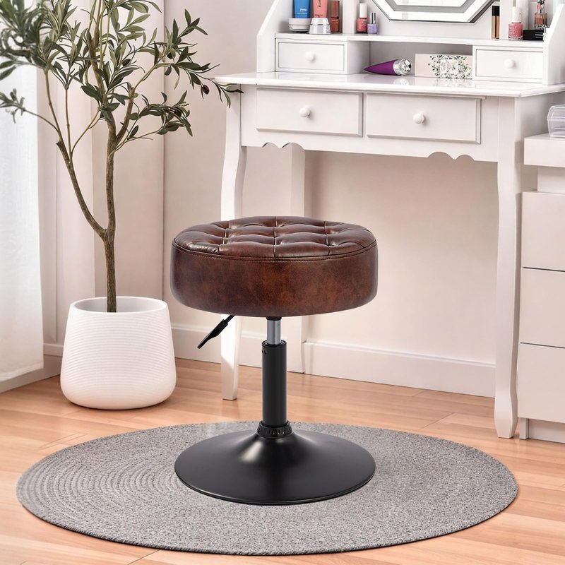 Furnibetter Velvet Tufted Makeup Chair, 360° Swivel Adjustable Vanity Chair Ottoman Stool Vanity Stool for Bedroom Modern Accent Chairs Big Size Stools for Living Room Bathroom, PU, Darkbrown