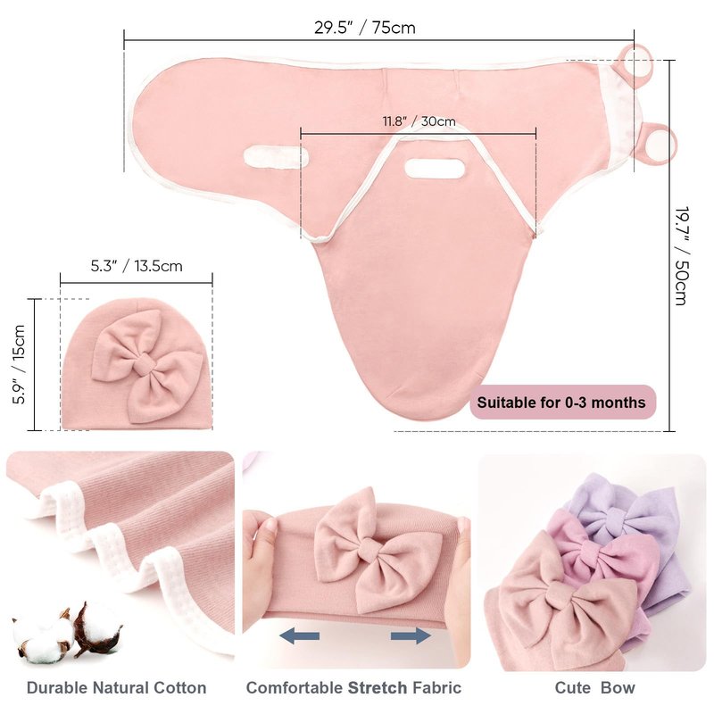 DRESHOW BQUBO 3 Pack Newborn Baby Swaddle Blanket with Hats Infant Adjustable Swaddling Wraps with Bear Ears Cap for 6-12 Lbs Newborns & 0-3 Months Girls Boys
