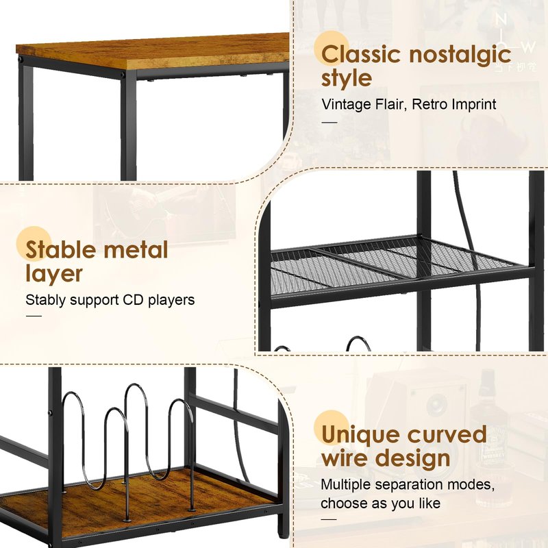 Huxitocan Record Player Stand with Storage, 4 Tier Turntable Stand with Vinyl Record Storage, Stereo Cabinet with Record Holder, Media Stand with Outlets for Entertainment Center