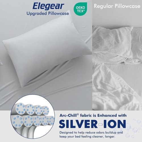 Elegear Cooling Pillowcases - Silver Infused Soft Silky Fabric for Hot Sleepers | Set of 2 Standard, Gray
