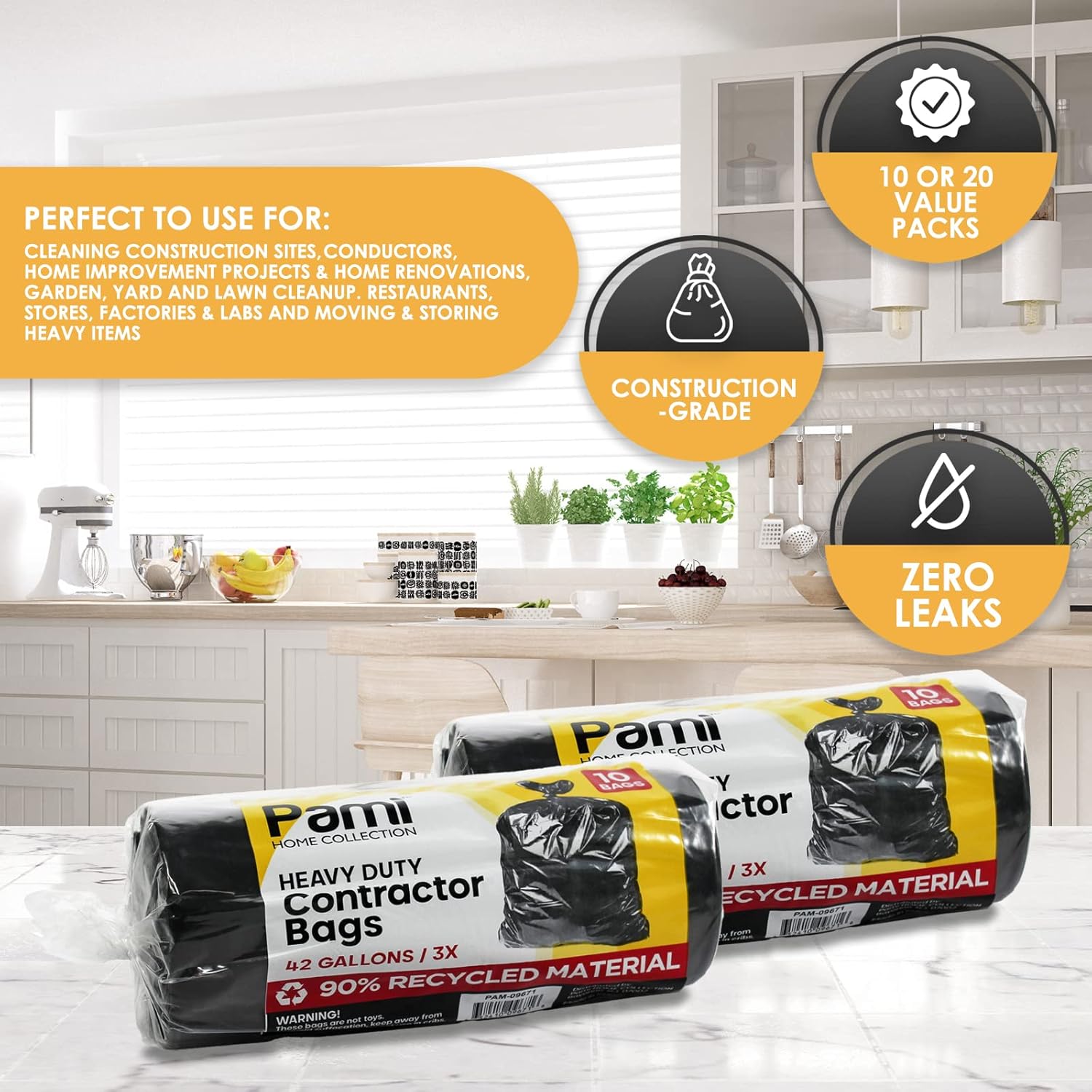 PAMI Heavy Duty 42 Gallon Contractor Garbage Bags - Tear-Resistant Yard Waste Cleanup (10 Count, Black)