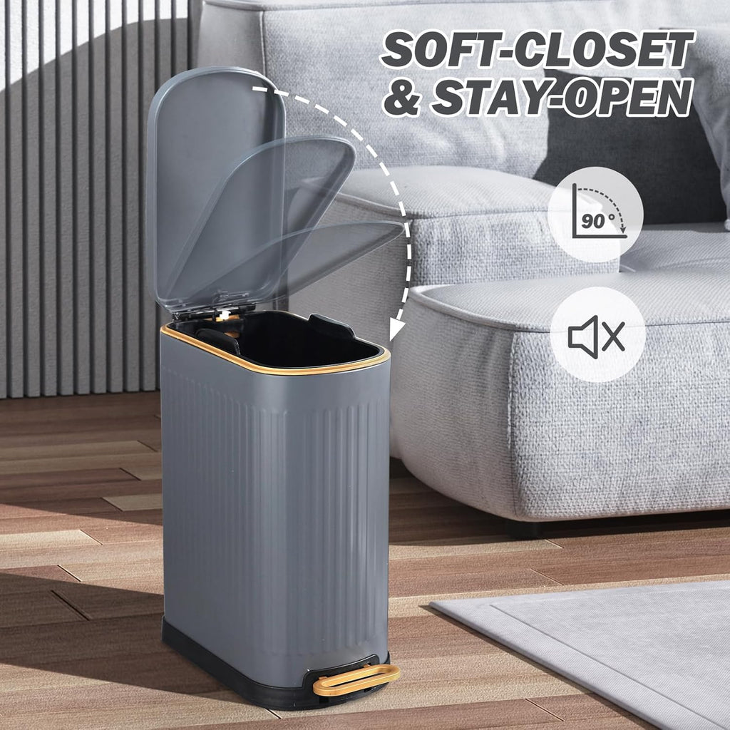 SYNCVIBE Slim Bathroom Trash Can - Soft Close Lid Stainless Steel Step Bin | 3.5 Gallons, Matt Grey