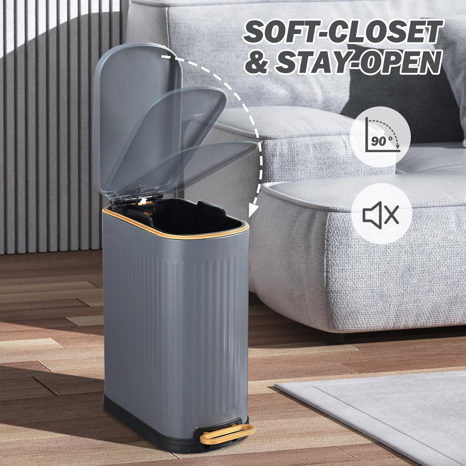 SYNCVIBE Slim Bathroom Trash Can - Soft Close Lid Stainless Steel Step Bin | 3.5 Gallons, Matt Grey
