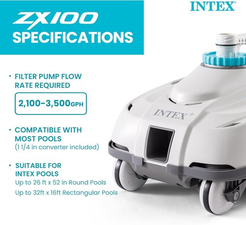 INTEX 28006E ZX100 Automatic Pool Cleaner - Efficiently Cleans Larger Pools | Removable Filter Tray, 21ft Hose
