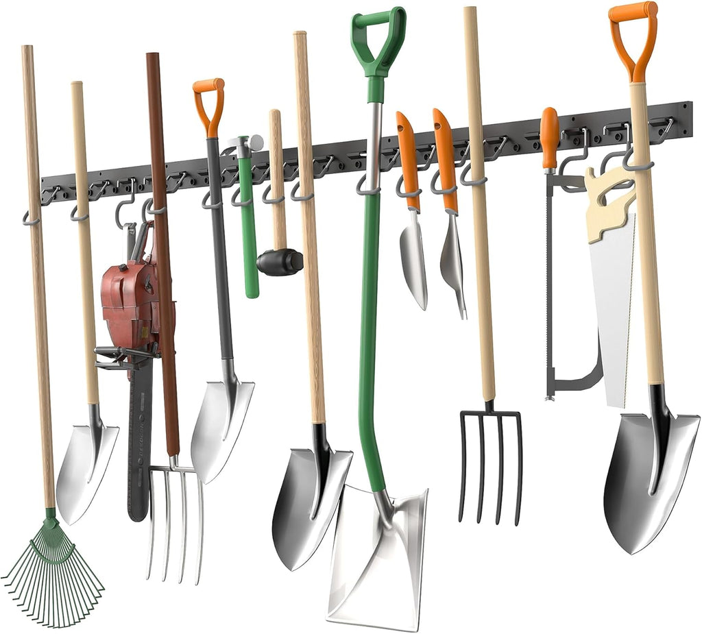 TORACK Wall Mounted Mop and Broom Holder - Garden Tool Organizer with 4 Tracks & 16 Hooks