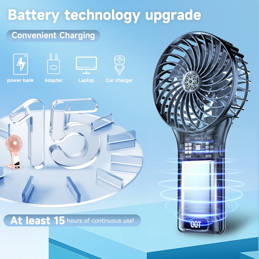 QQT Mini Handheld Fan - 4-Speed Portable USB Rechargeable Fan with Mirror | 20-Hour Battery Life (Pink)