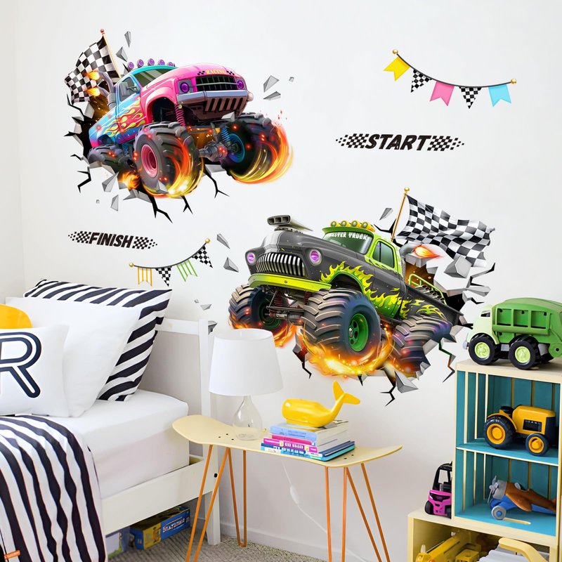 Tanlaby 3D Racing Car Wall Decals Monster Truck Break Through Wall Sticker Peel and Stick Decal for Baby Boys Kids Bedroom Nursery Playroom Decor