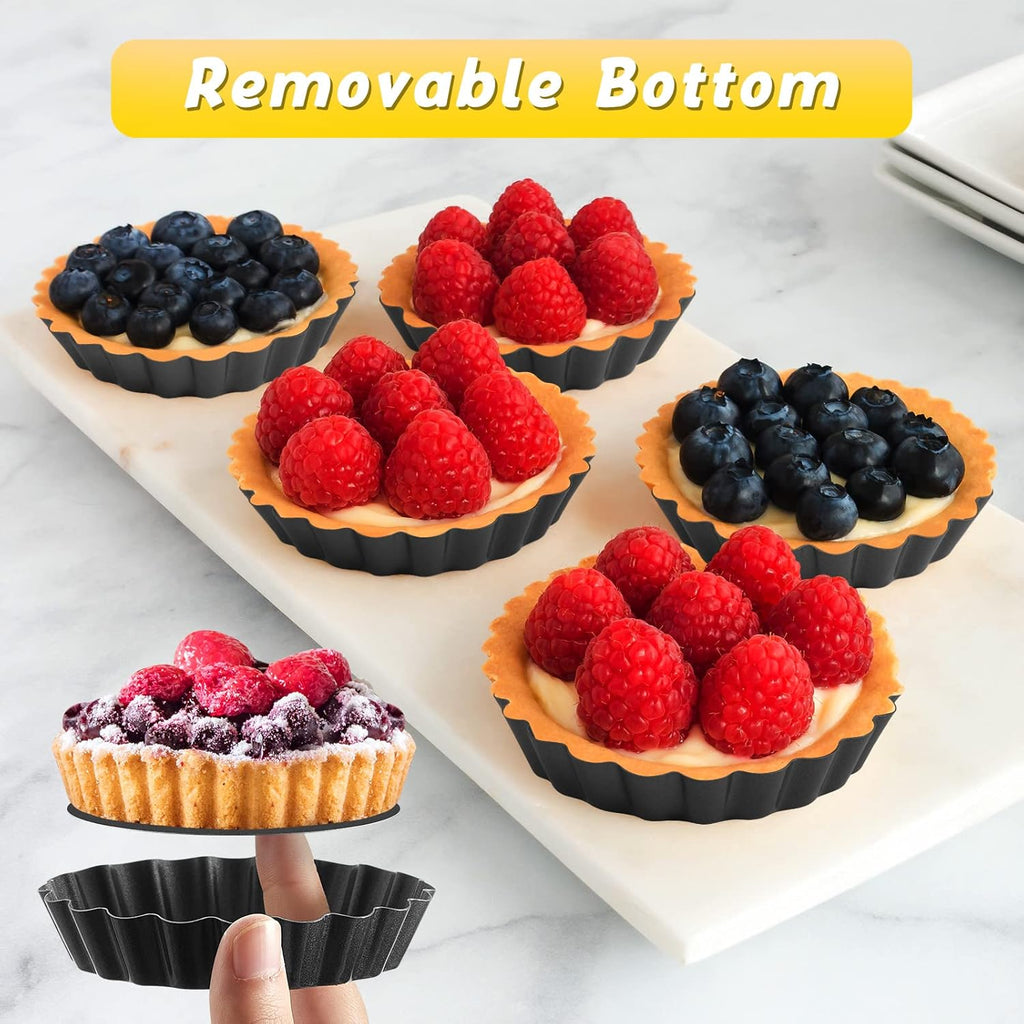 Tessco 16-Piece Mini Tart Pans - Nonstick Quiche & Pie Bakeware with Removable Bottom | 3-Inch Round, Black Gray