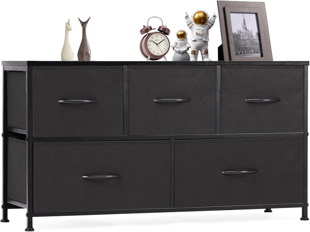 OLIXIS 5-Drawer Dresser - Sturdy Fabric Storage Tower with Wooden Top & Easy-Pull Bins for Bedroom & Living Room