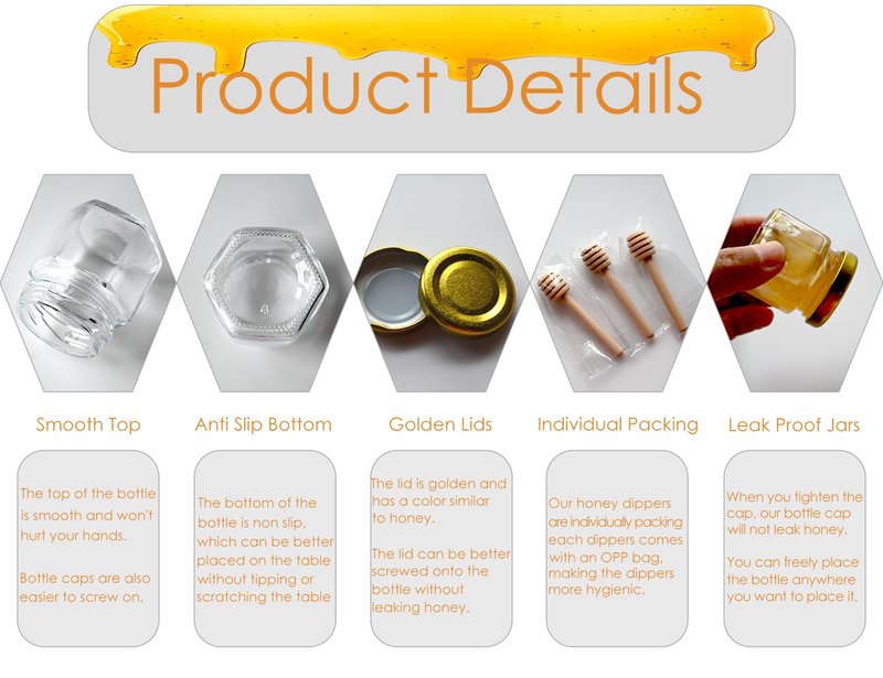 Adabocute Mini Honey Jars - Hexagon Little Glass Honey Jar with Gold Lids, Wooden Dippers, Bee Charms and Jutes - Small Honey Jars for Baby Showers, 20Pack