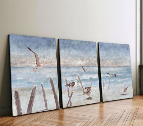 Kdyudo 3 pcs Beach and Seagull Canvas Framed Wall Art, Blue Sand and Seagull Printed Poster Seascape and Beach Scenery Theme Suitable for Living Room Bedroom and Office Wall Decor 16x24 inch