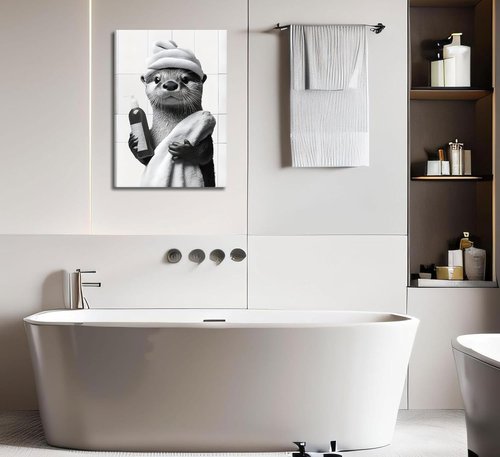 Funny Bathroom Otter Canvas Wall Art - Cute Black and White Otter Painting | 12x16in Home Decor