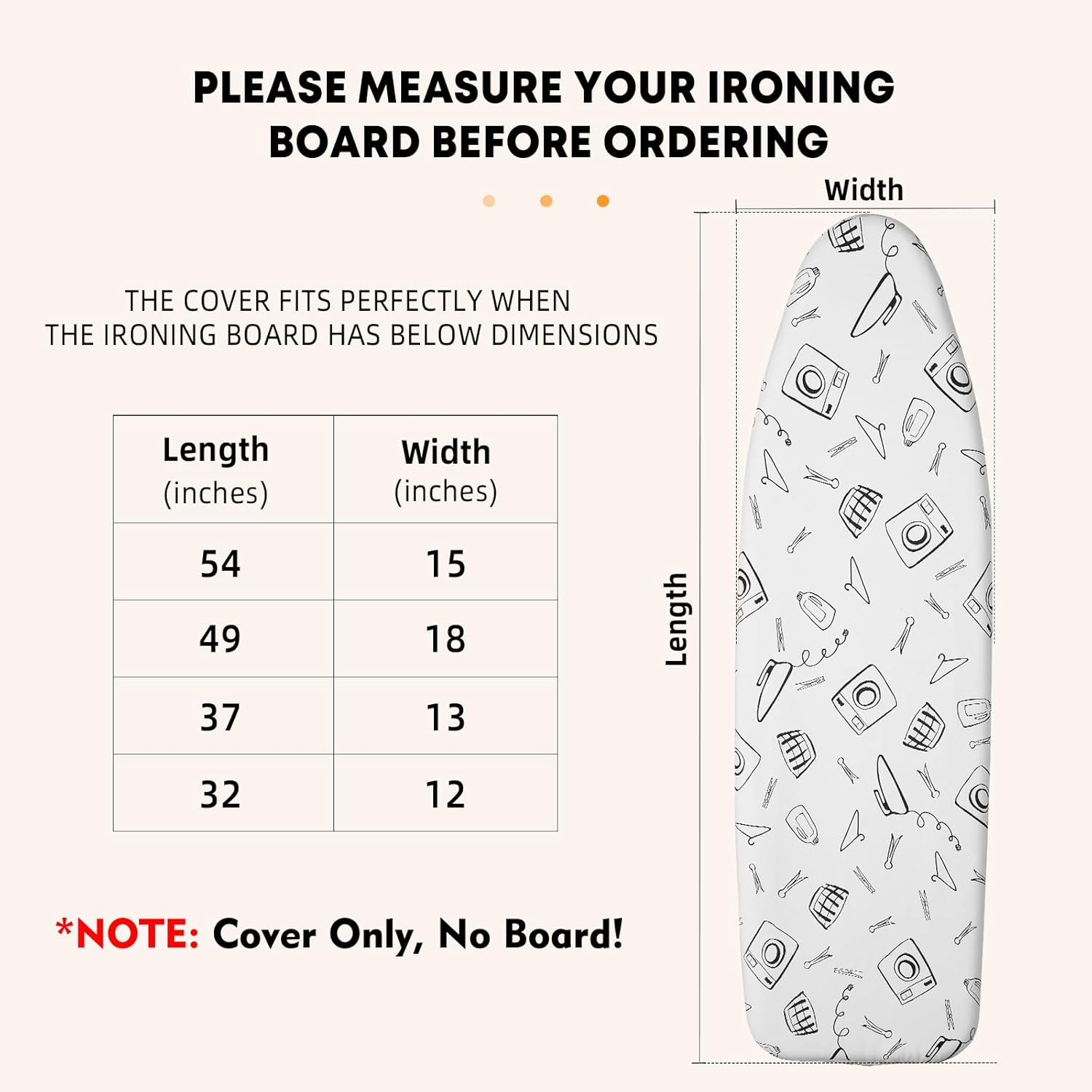 Seiritex Ironing Board Cover - Heat Reflective 15 x 54 Inch Pad with Thick Padding & Elasticized Edges | White