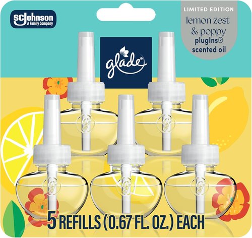 Glade PlugIns Refills Air Freshener - Lemon Zest & Poppy Scented Essential Oils | 0.67 Fl Oz, 5 Count