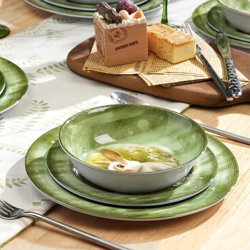 Green Bunny 12-Piece Melamine Dinnerware Set - Lightweight Shatterproof Plates & Bowls for 4, Ideal for Picnics & Outdoor Parties