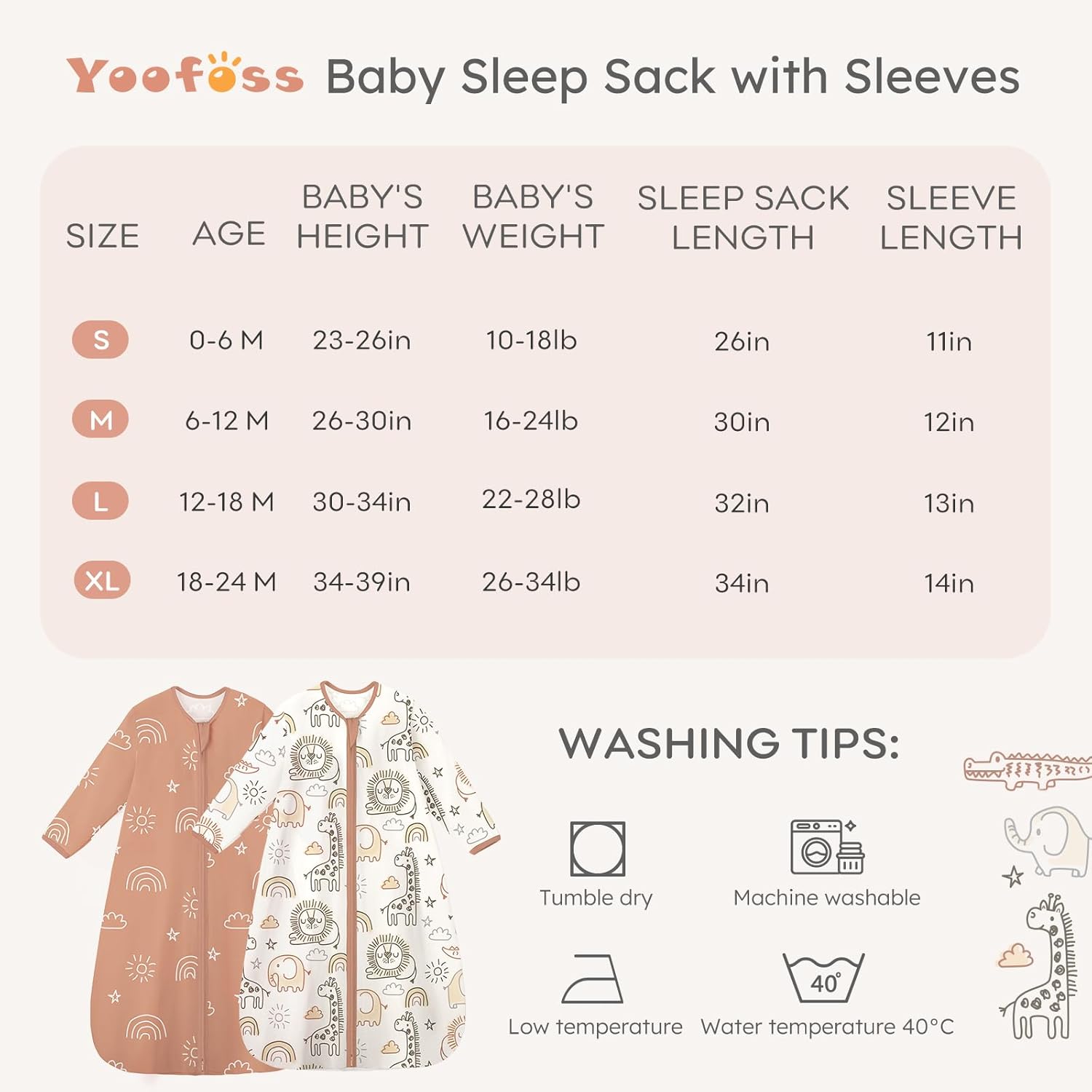Yoofoss Baby Sleep Sack - 100% Cotton Long Sleeve Wearable Blanket for Infants 6-12 Months | Lightweight 0.5 Tog