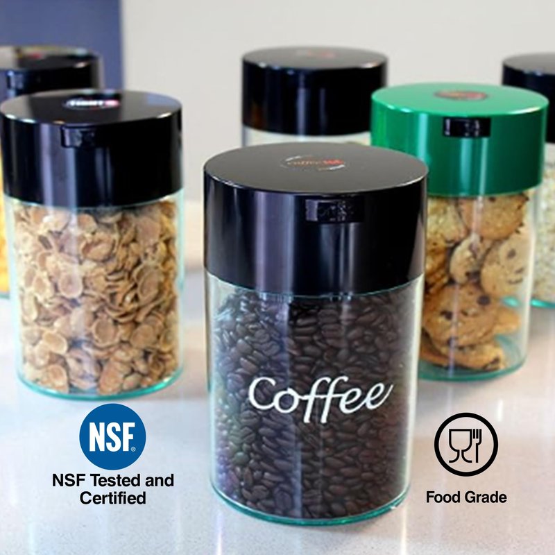 COFFEEVAC 1LB – Patented Airtight Container | Multi-use Vacuum Container Works as Smell Proof Containers for Ground Coffee and Coffee Bean Containers. Black Cap and Clear Body