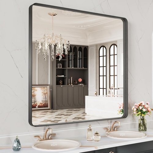 LOAAO Black Metal Framed Bathroom Mirror - 40x38 Inch Matte Black Vanity Mirror | Anti-Rust, Tempered Glass, Versatile Hanging Options