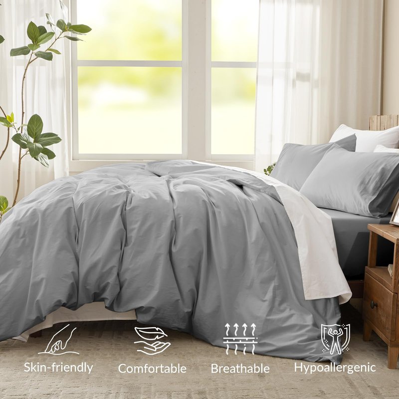 DCSKY Duvet Cover Full,100% Egyptian Cotton 1600 Thread Count, Soft, Breathable, Skin-Friendly, Moisture-Wicking Bedding Set with Zipper Closure & Corner Ties(Grey, 80x90 inches)