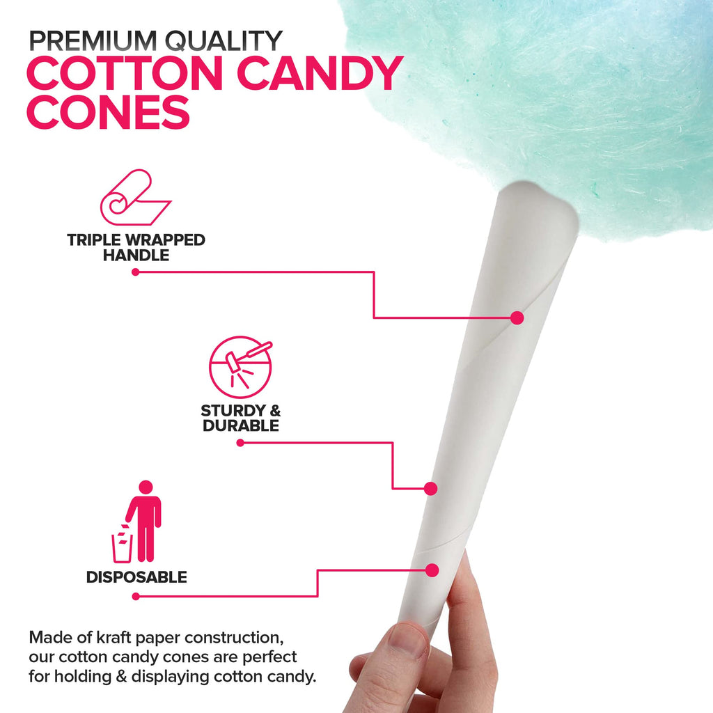 Cotton Candy Cones (100 Pack) – White Kraft Paper Sticks for Floss Sugar & Carnival Treats, Compatible with Cotton Candy Machines – Stock Your Home