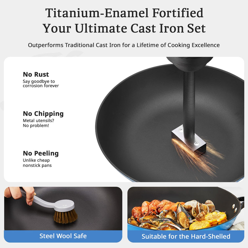 KITESSENSU Enameled Cast Iron Skillets - Non Stick Frying Pans Set with Durable Wooden Handle - 8&10&12 In Titanium Cast Iron Pans for Multi-Cooking - Pre Seasoned Cookware Set - Gradual Cobalt Blue