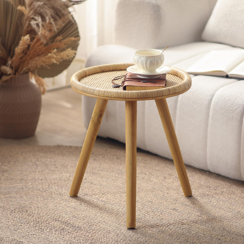 HuiDao Small Side Table, Rattan Round Coffee Table, Boho Circle Side Tables End Table for Living Room, Mid Century Accent Table for Bedroom Balcony
