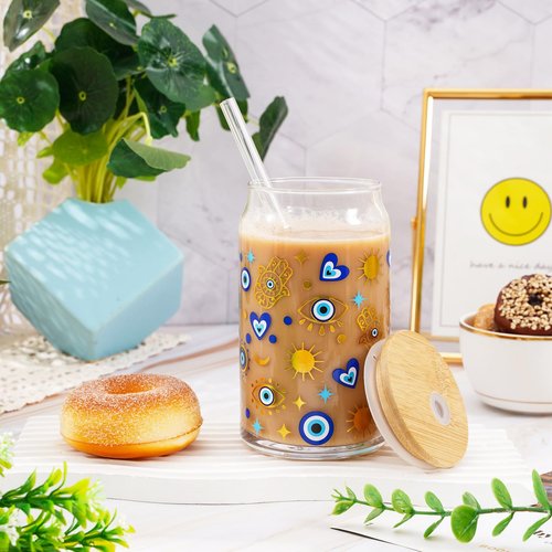 Whaline 2 Pack Evil Eyes Iced Coffee Cup Blue Evil Eye Hamsa Hand Drinking Glasses Astrological Beer Can Glass with Lid Straw Cleaning Brush for Home Office Women Gifts,16oz