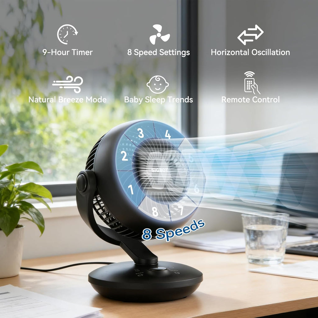 Skiennix Ultra Quiet 10-Inch Desk Fan - Remote Control, 8-Speed Oscillation & 9-Hour Timer | 70ft Airflow