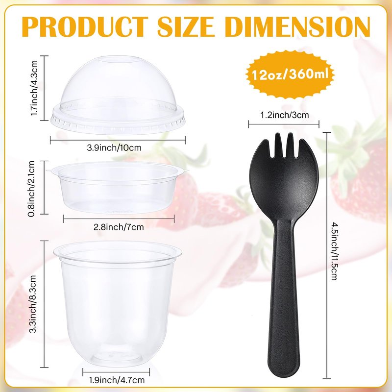 Gandeer 60 Pack Clear Plastic Parfait Cups with Dome Lids No Hole Disposable Party Dessert Cups with Lids Insert Spork Round Fruit Containers with Lid for Yogurt Fruit Cereal Ice Cream (12 oz)