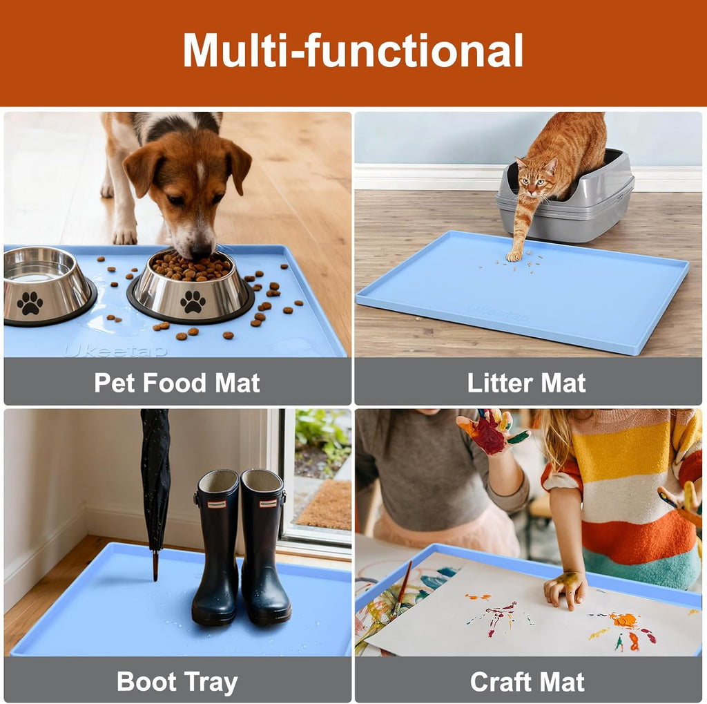 Ukeetap Extra Thick Waterproof Silicone Mat - Raised Edge, 34" x 22" for Kitchen & Bathroom Protection | Blue