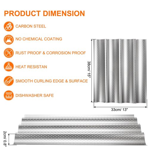 uxcell 2Pcs Perforated French Bread Baking Pan, 15" x 13" Toast Molds Tray, 4 Wave Loaves Baking Tray for Baking Loaf Bread (Silver Tone)